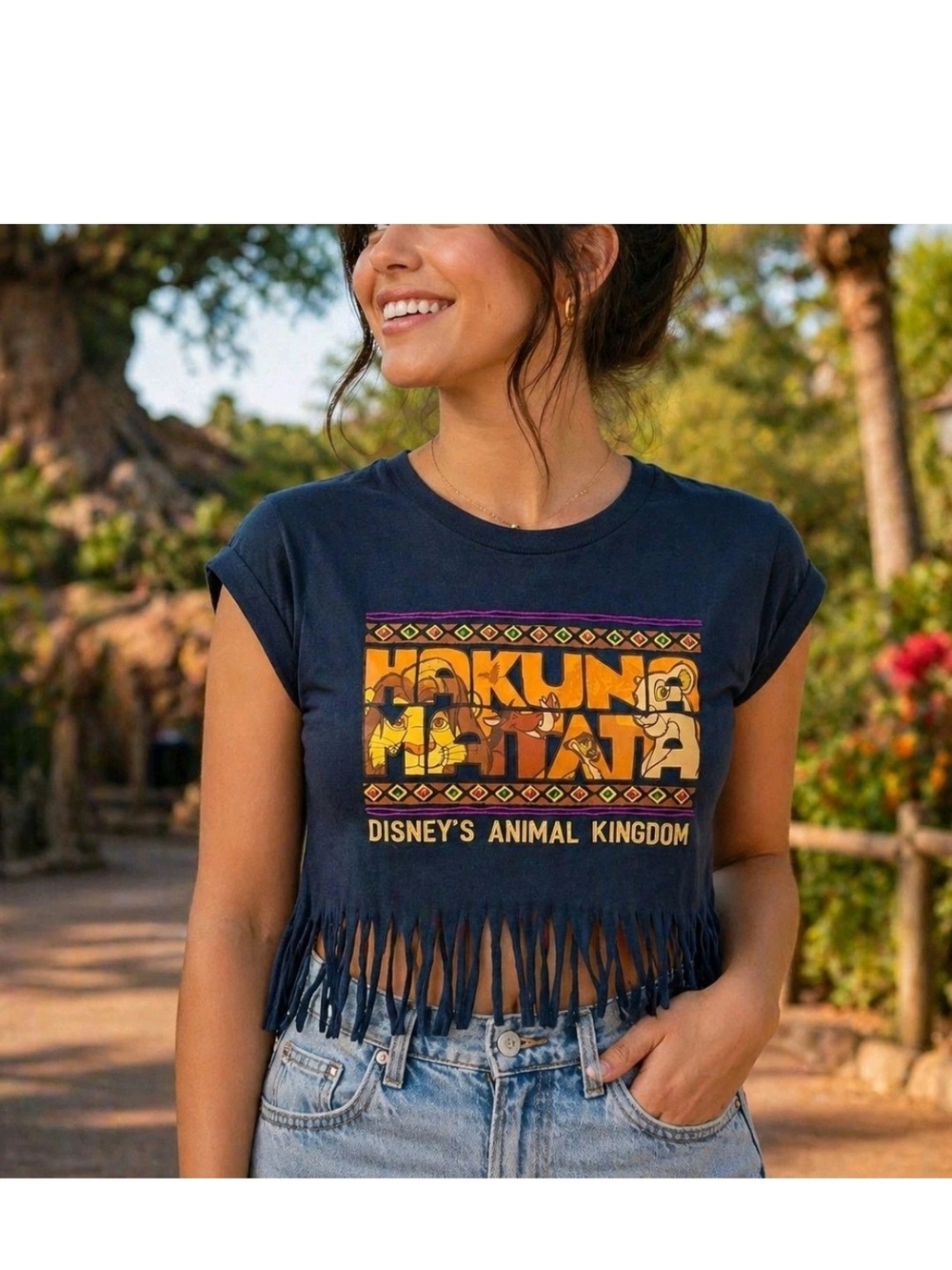 Disney Parks Animal Kingdom Lion King Hakuna Matata XS Blue Shirt Crop w fringe